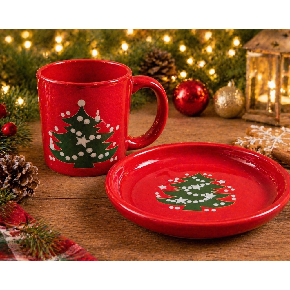 Waechtersbach Christmas Tree Red Mug and Saucer Set West Germany Vintage Ceramic